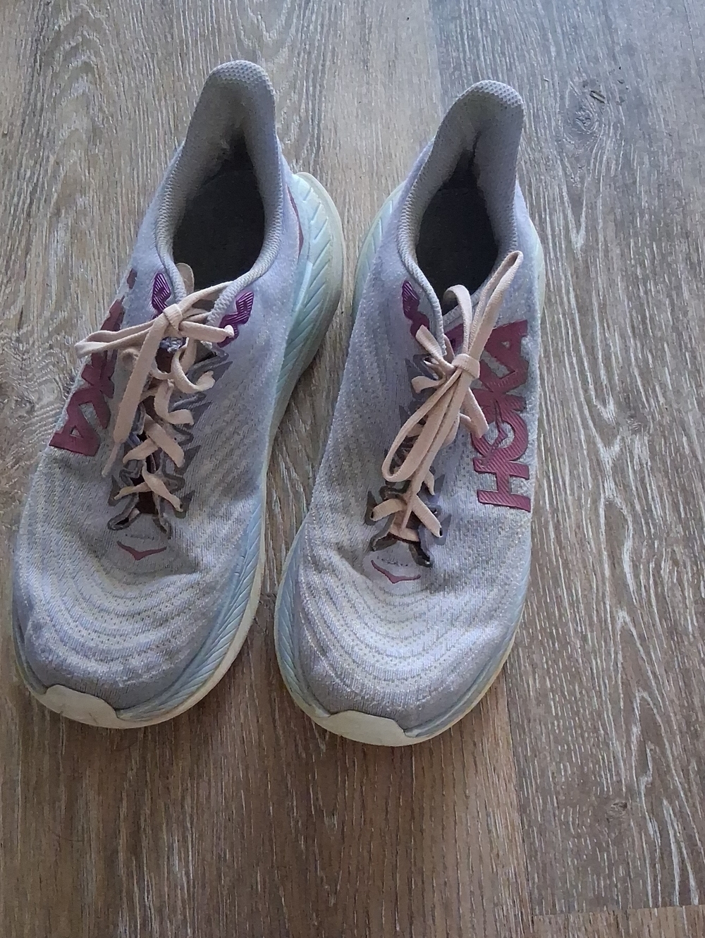 Hoka Women's Light Gray and Pink Athletic Running Shoes